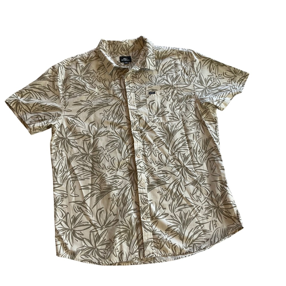 O'Neill Button Down Shirt Mens XL Tan Tropical Floral Short Sleeve Standard Fit
